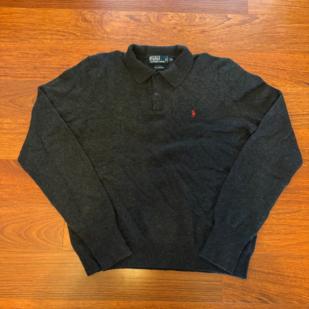 Polo Ralph Lauren Vintage Lambswool Long Sleeve Polo Sweater Charcoal Grey XXL